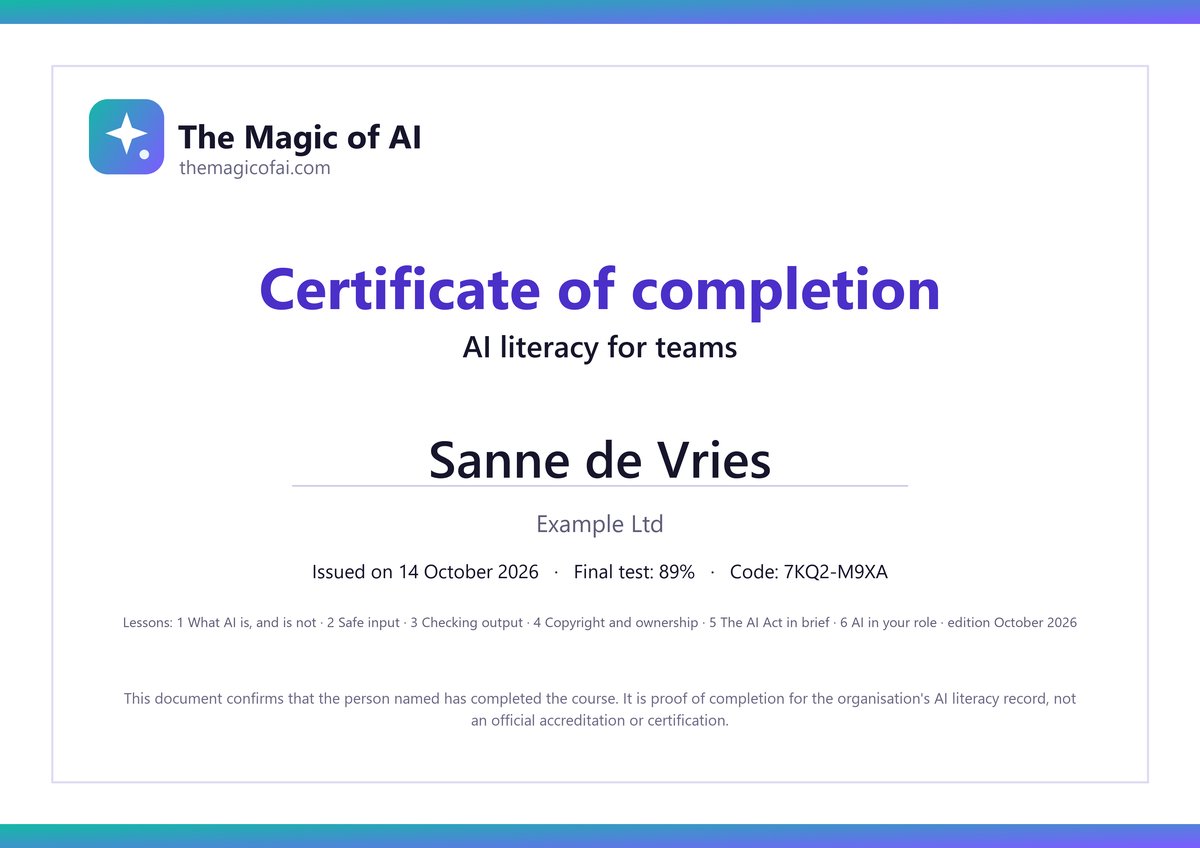Example of a certificate of completion with name, organisation, date, score and the lessons completed