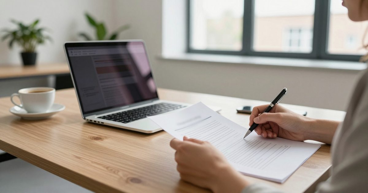 Someone reading a printed document and making notes, with a laptop on the desk