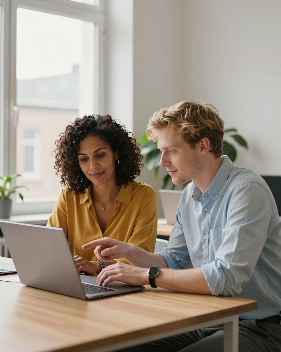 Two colleagues looking at a laptop together in a bright office