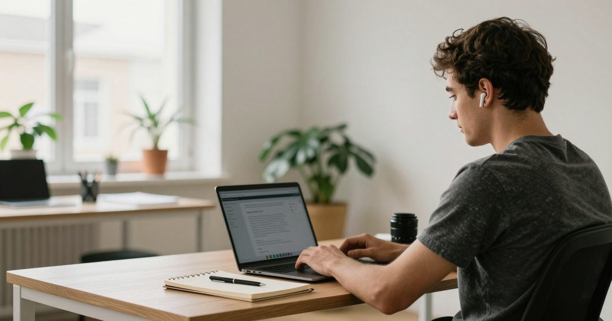 Een medewerker met oordopjes volgt een online les op zijn laptop