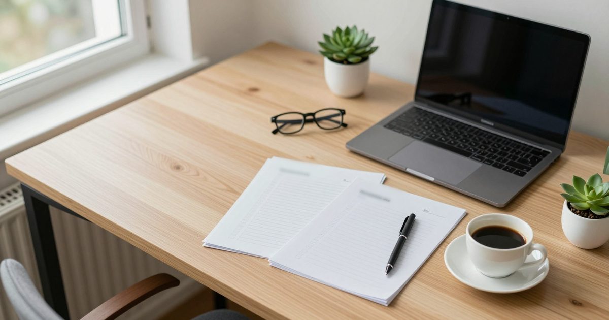 Een geprint beleidsdocument met een pen, een leesbril en koffie op een bureau