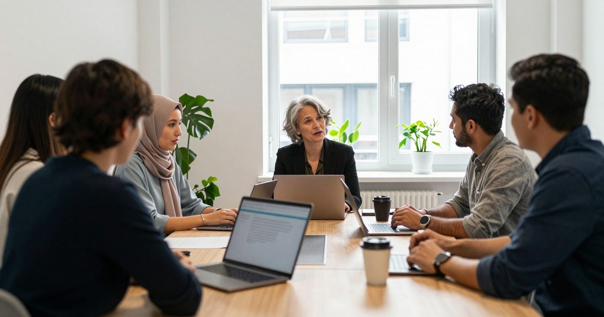 A team in discussion around a meeting table with laptops